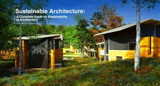 Sustainable architecture guide cover showing eco-friendly homes with green roofs and timber cladding surrounded by native landscaping